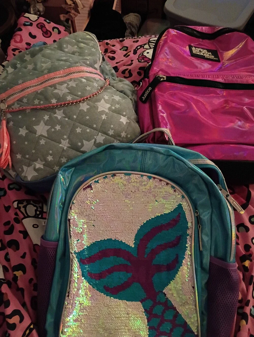 3 Justice Pink Holographic, Mermaid Sequin, & Denim Stars 3 Book Bag Bunder